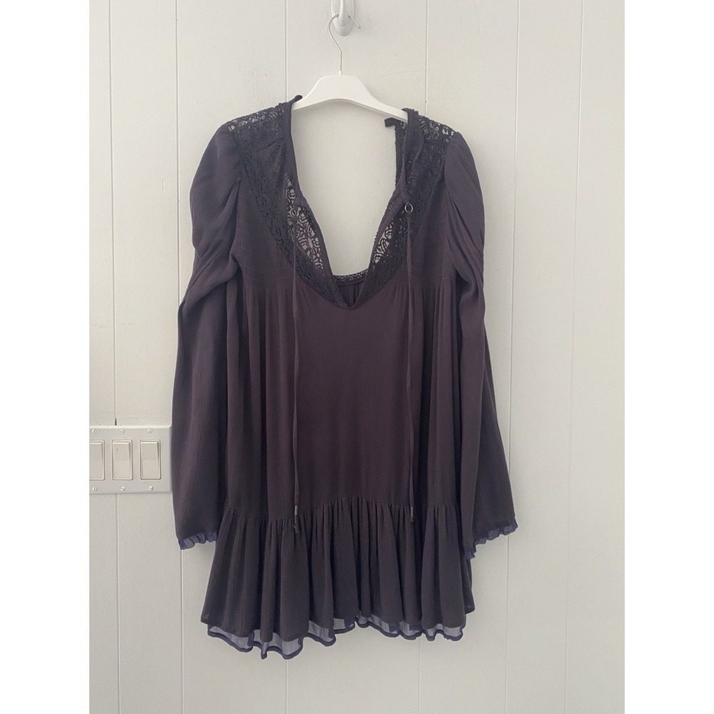 Free People Purple Lace Inset V-Neck Chiffon Ruffle Mini Dress Tunic Top XS
